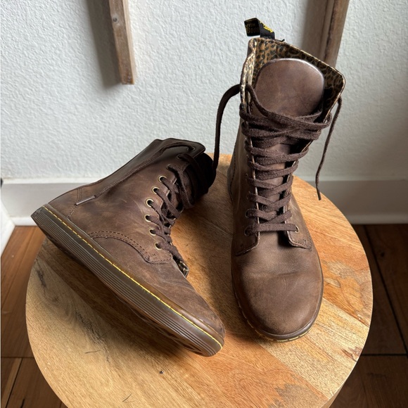 Dr. Martens Shoes - Dr. Martens Womens Brown Stratford Leather Foldover Leopard Print Boots Size 6
